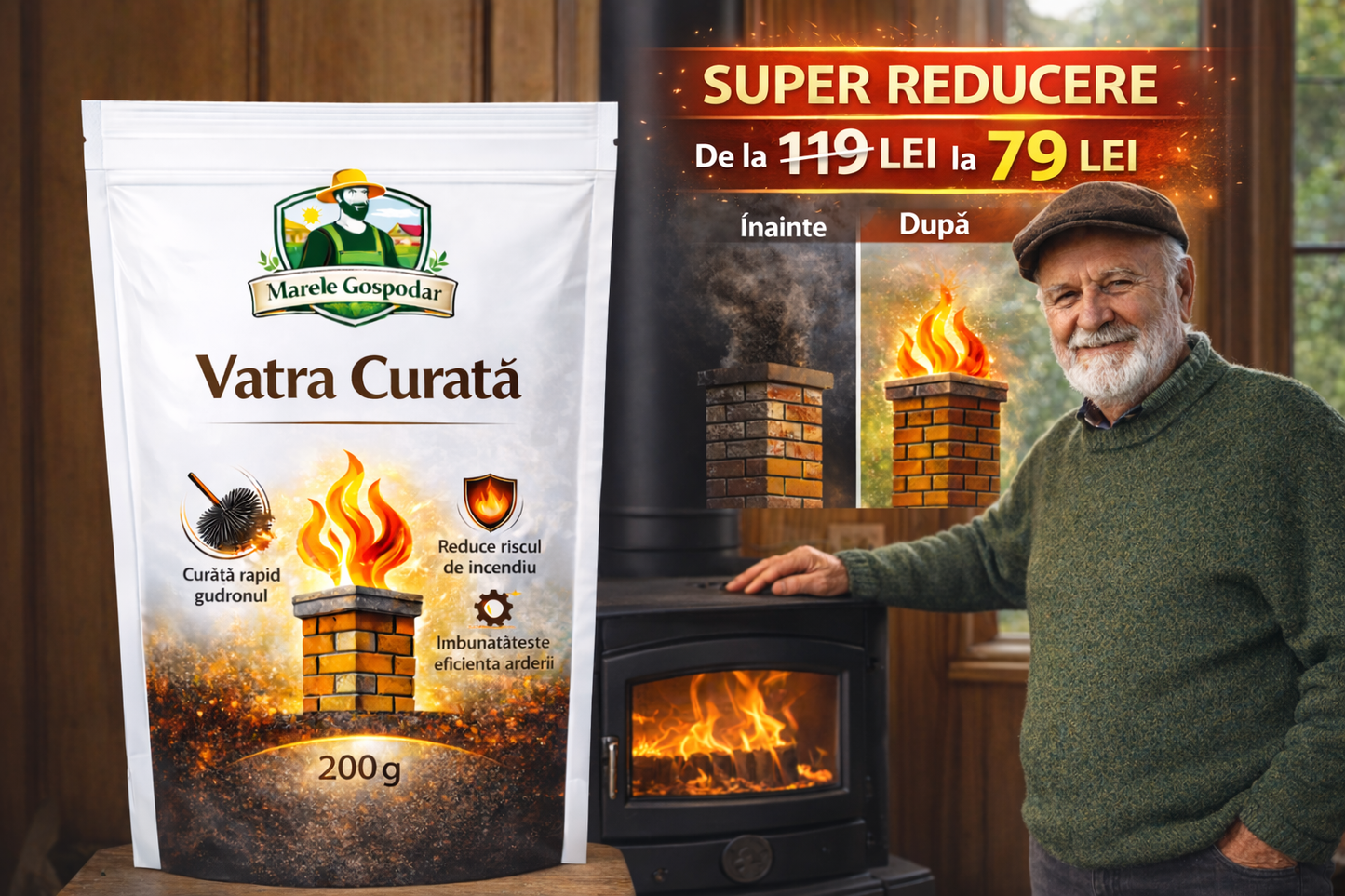 Vatră Curată -  pudra impotriva gudronului acumulat in sobe si cosuri de fum